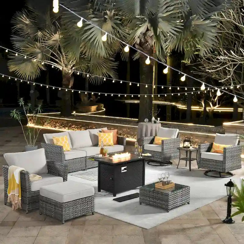 Ensemble de mobilier de patio en osier 10 pièces XIZZI avec foyer