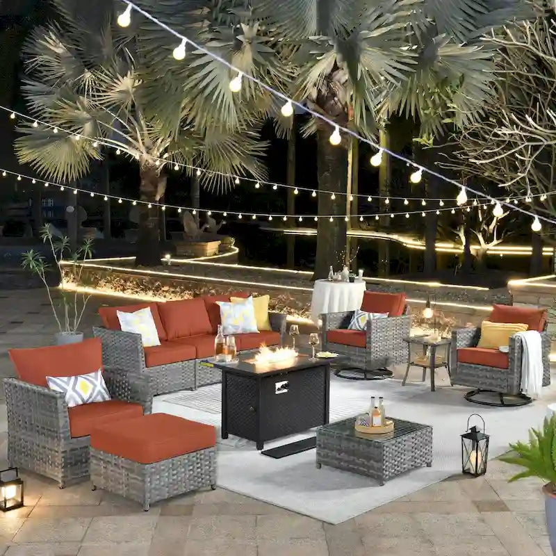 Ensemble de mobilier de patio en osier 10 pièces XIZZI avec foyer