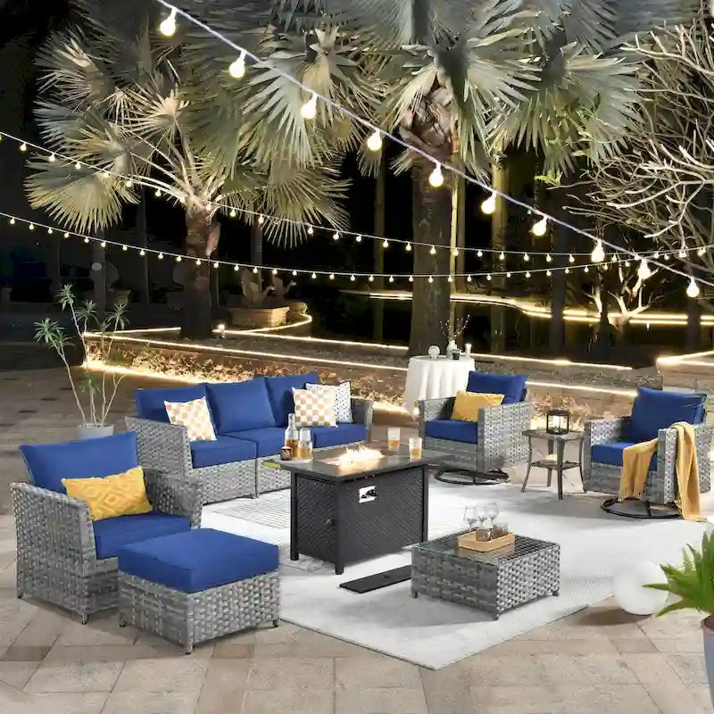 Ensemble de mobilier de patio en osier 10 pièces XIZZI avec foyer