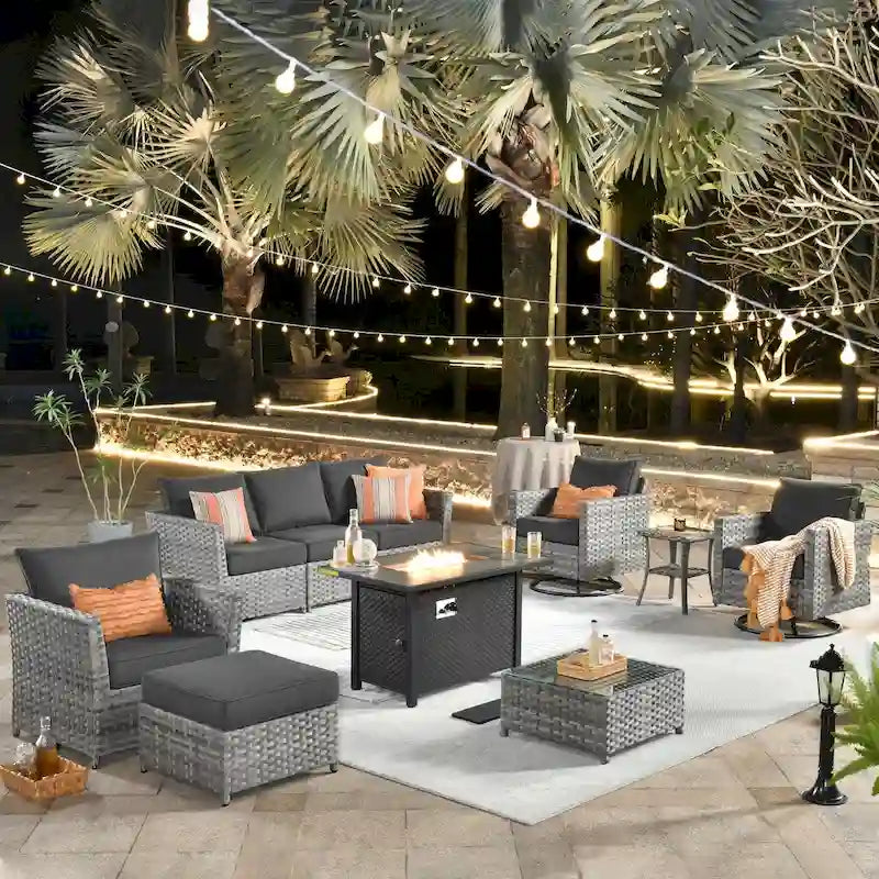 Ensemble de mobilier de patio en osier 10 pièces XIZZI avec foyer