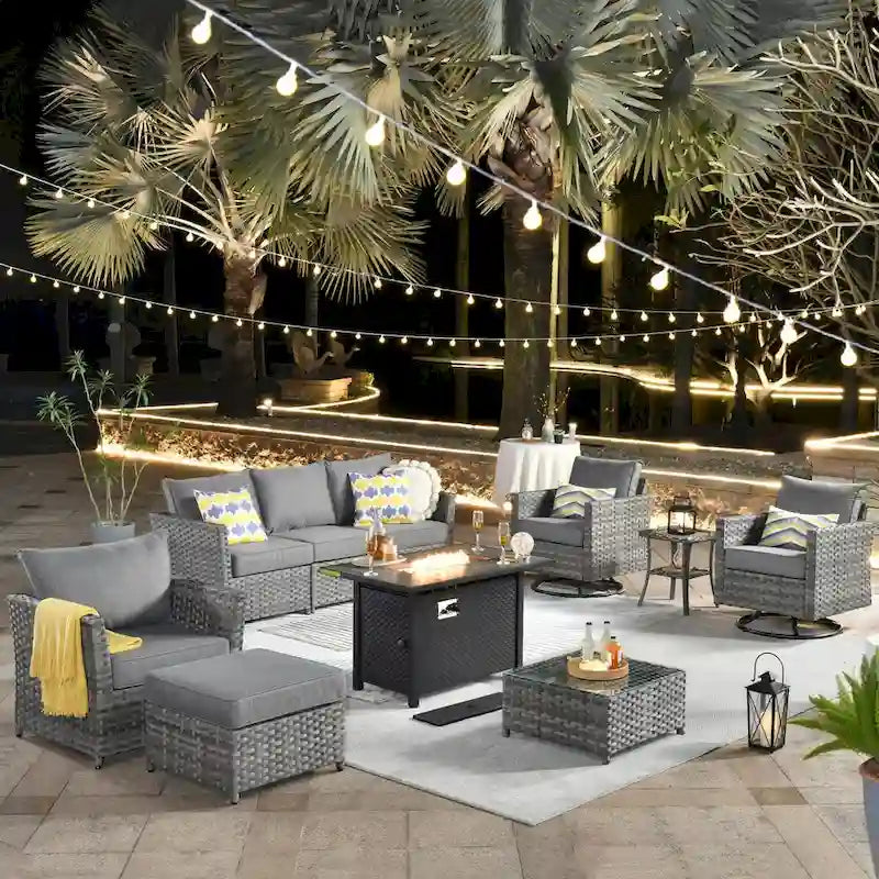 Ensemble de mobilier de patio en osier 10 pièces XIZZI avec foyer