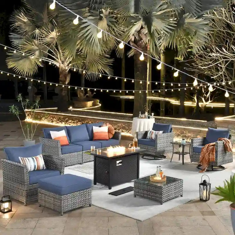Ensemble de mobilier de patio en osier 10 pièces XIZZI avec foyer