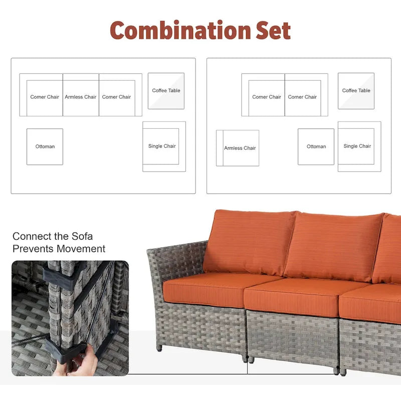 Ensemble de mobilier de patio en osier 10 pièces XIZZI avec foyer
