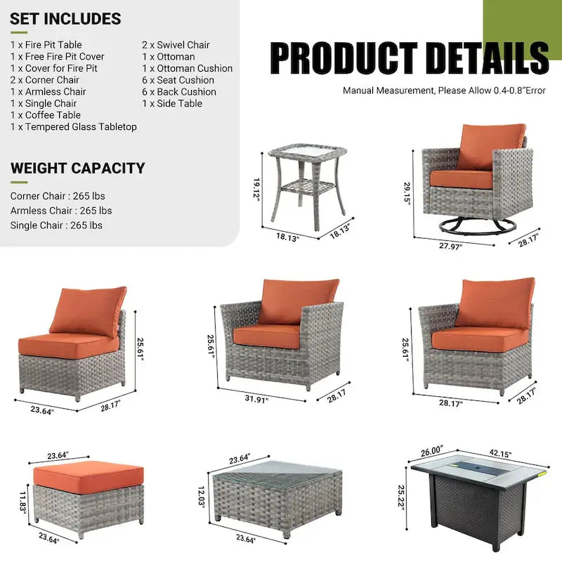Ensemble de mobilier de patio en osier 10 pièces XIZZI avec foyer