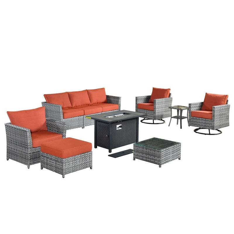 Ensemble de mobilier de patio en osier 10 pièces XIZZI avec foyer