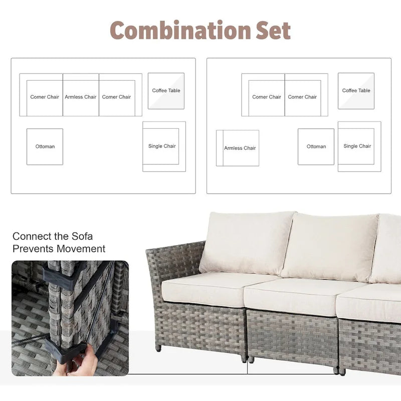 Ensemble de mobilier de patio en osier 10 pièces XIZZI avec foyer