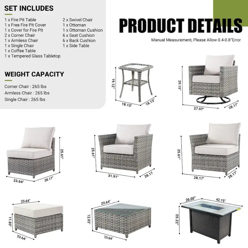 Ensemble de mobilier de patio en osier 10 pièces XIZZI avec foyer
