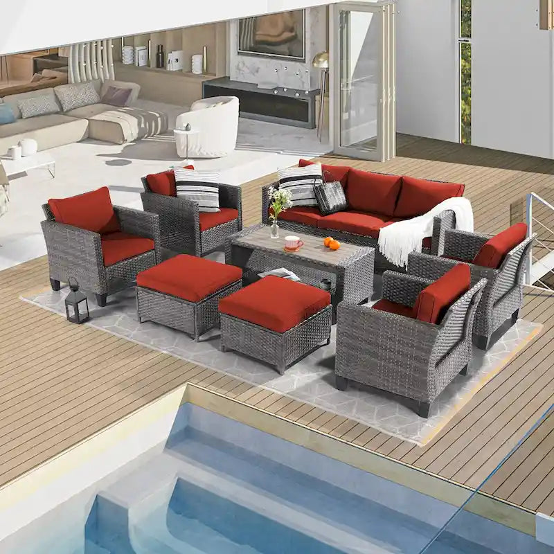 BONOSUKI Ensemble de canapés de patio 8 pièces en rotin gris avec poufs