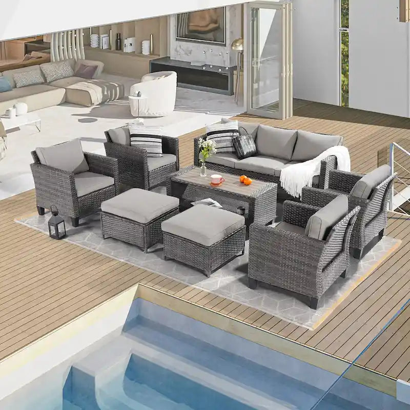 BONOSUKI Ensemble de canapés de patio 8 pièces en rotin gris avec poufs