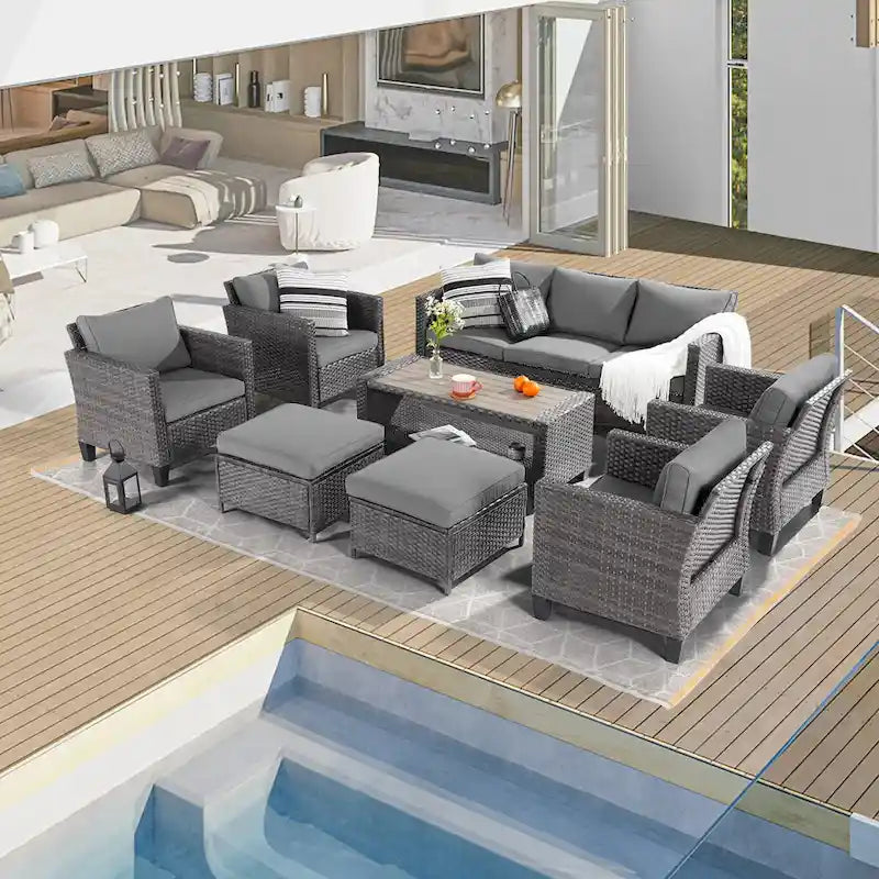 BONOSUKI Ensemble de canapés de patio 8 pièces en rotin gris avec poufs