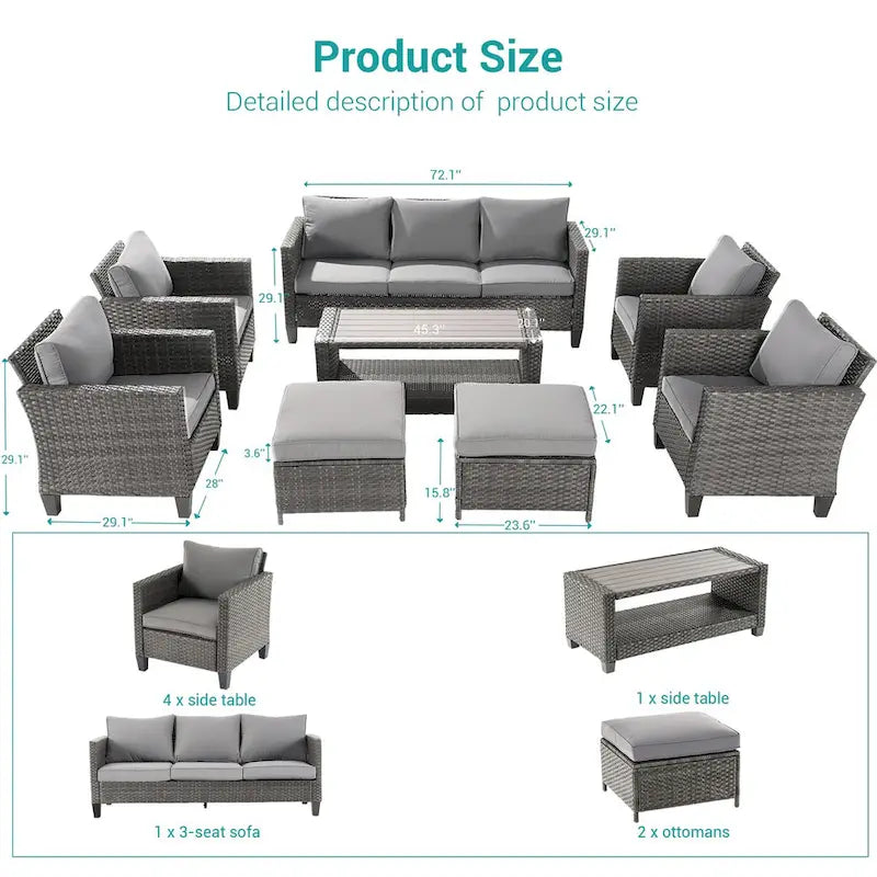 BONOSUKI Ensemble de canapés de patio 8 pièces en rotin gris avec poufs