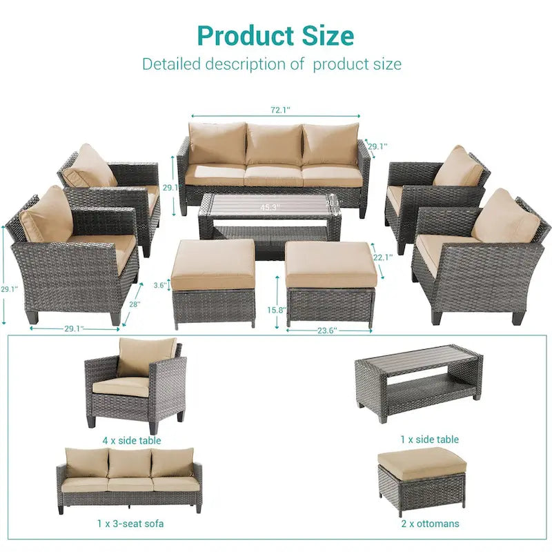 BONOSUKI Ensemble de canapés de patio 8 pièces en rotin gris avec poufs