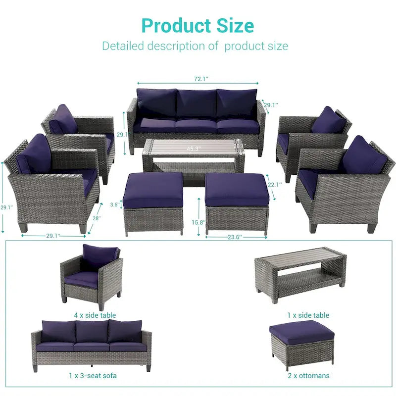 BONOSUKI Ensemble de canapés de patio 8 pièces en rotin gris avec poufs