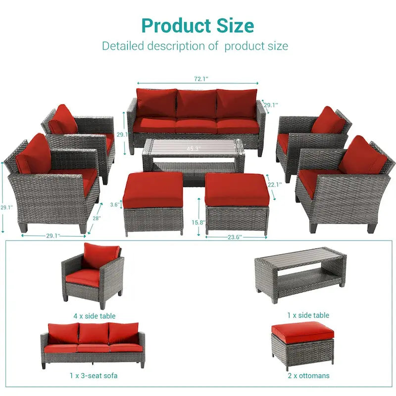 BONOSUKI Ensemble de canapés de patio 8 pièces en rotin gris avec poufs