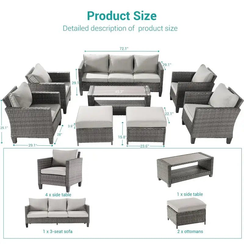 BONOSUKI Ensemble de canapés de patio 8 pièces en rotin gris avec poufs