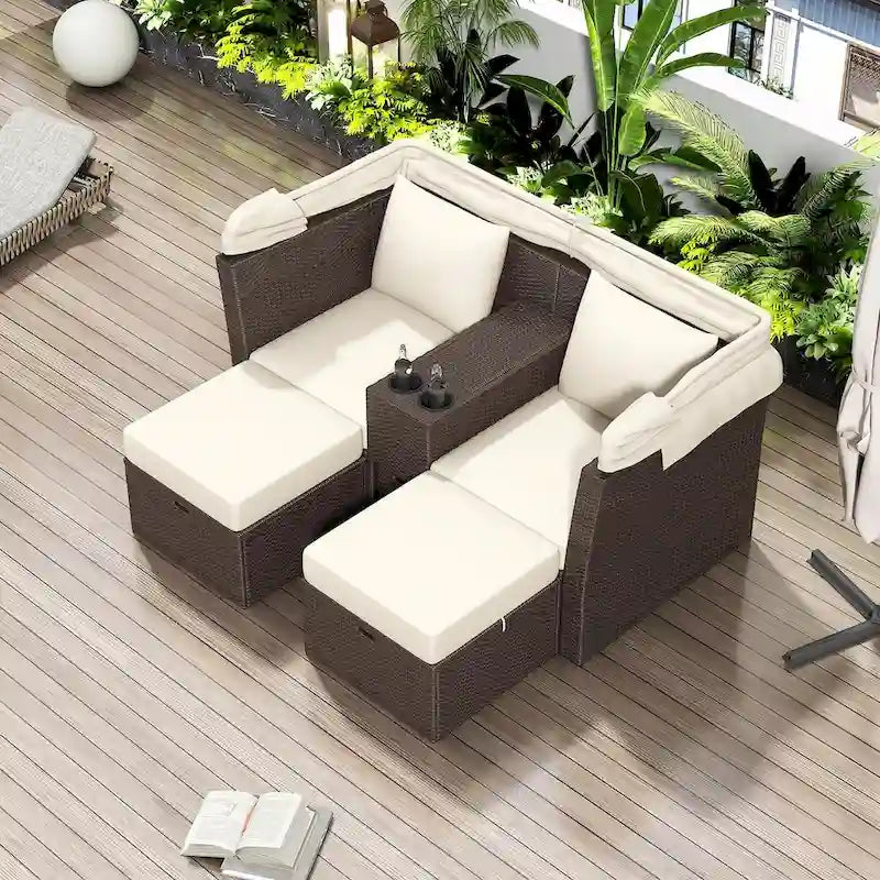 Outdoor Patio Loveseat Sofa Set with Foldable Awning