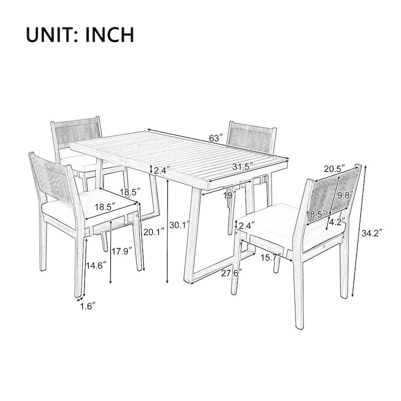 Ensemble de 5 pièces de table et chaises d'extérieur en bois d'acacia avec coussins épais