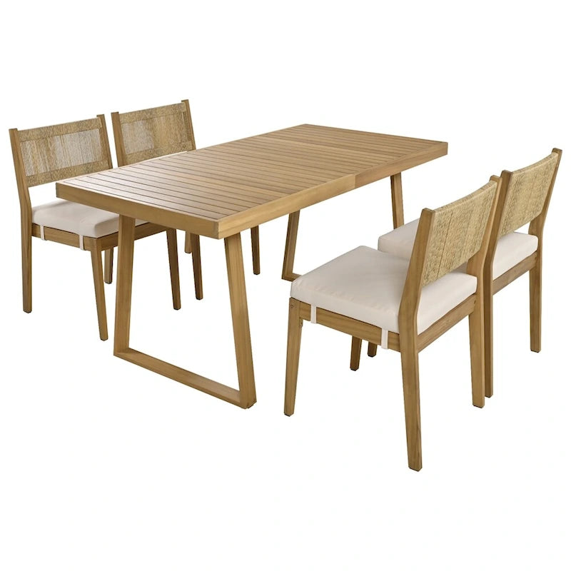 Ensemble de 5 pièces de table et chaises d'extérieur en bois d'acacia avec coussins épais