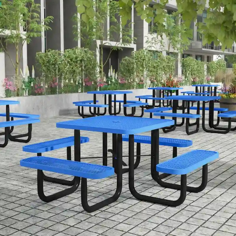 Table de pique-nique extérieure en métal déployé de qualité commerciale avec ancres – 79,75 P x 79,75 L x 28,75 H