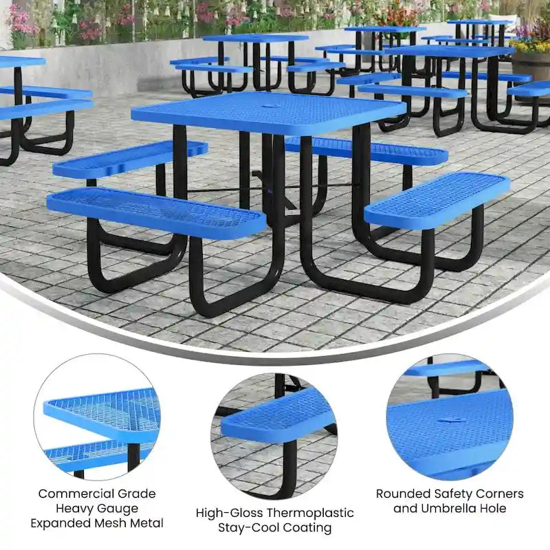 Table de pique-nique extérieure en métal déployé de qualité commerciale avec ancres – 79,75 P x 79,75 L x 28,75 H