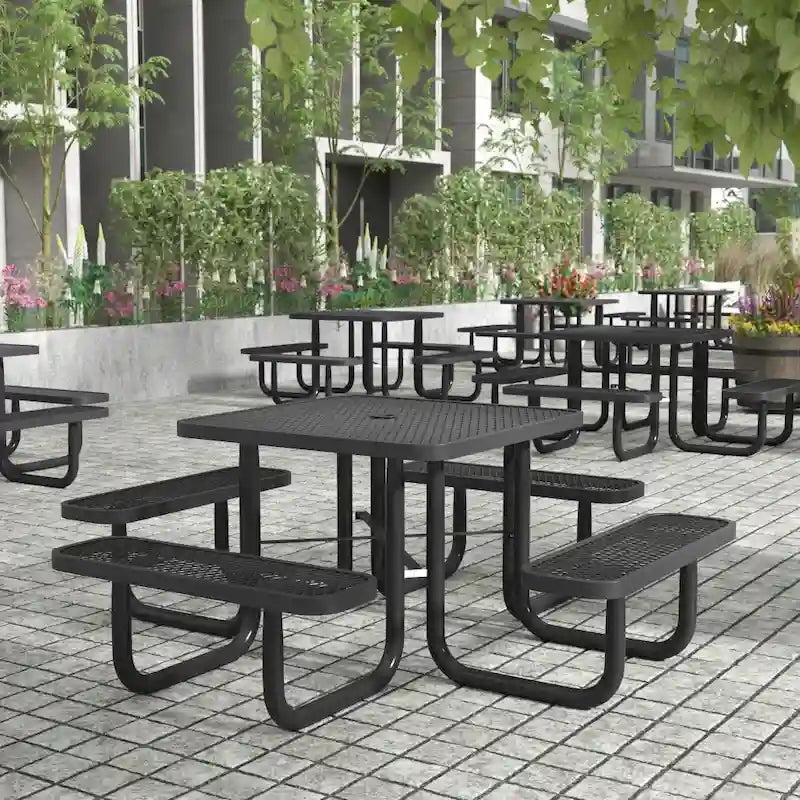 Table de pique-nique extérieure en métal déployé de qualité commerciale avec ancres – 79,75 P x 79,75 L x 28,75 H