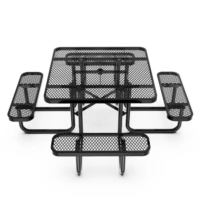 Table de pique-nique extérieure en métal déployé de qualité commerciale avec ancres – 79,75 P x 79,75 L x 28,75 H