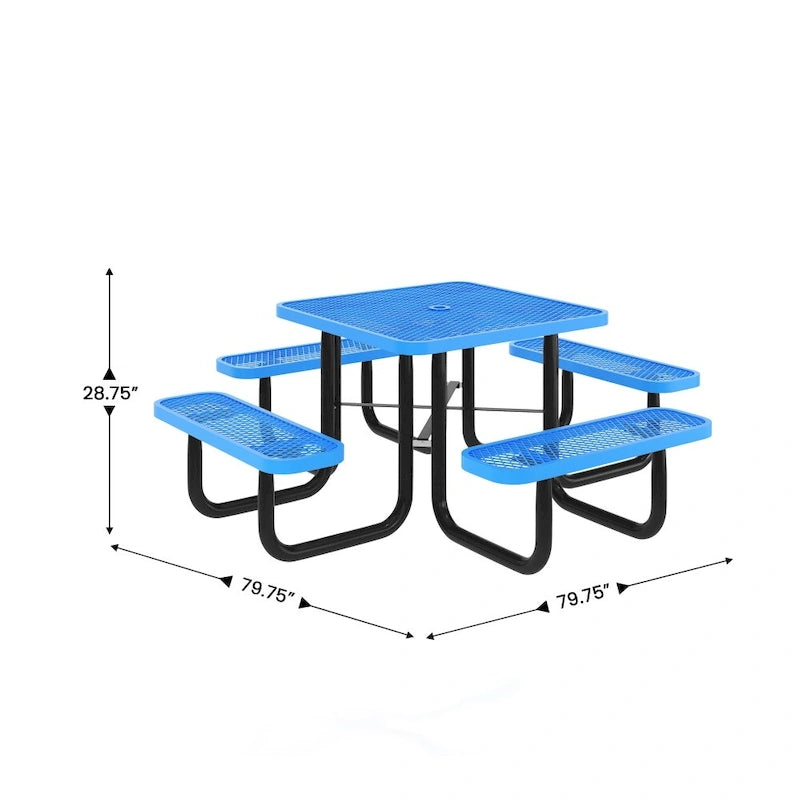 Table de pique-nique extérieure en métal déployé de qualité commerciale avec ancres – 79,75 P x 79,75 L x 28,75 H
