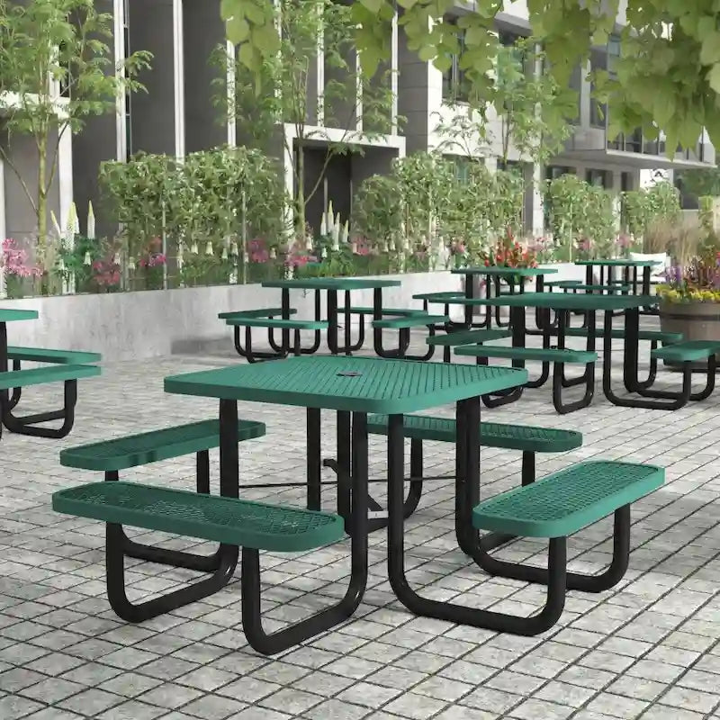 Table de pique-nique extérieure en métal déployé de qualité commerciale avec ancres – 79,75 P x 79,75 L x 28,75 H
