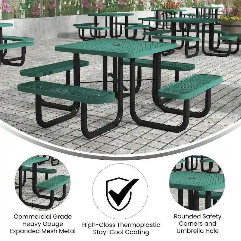 Table de pique-nique extérieure en métal déployé de qualité commerciale avec ancres – 79,75 P x 79,75 L x 28,75 H