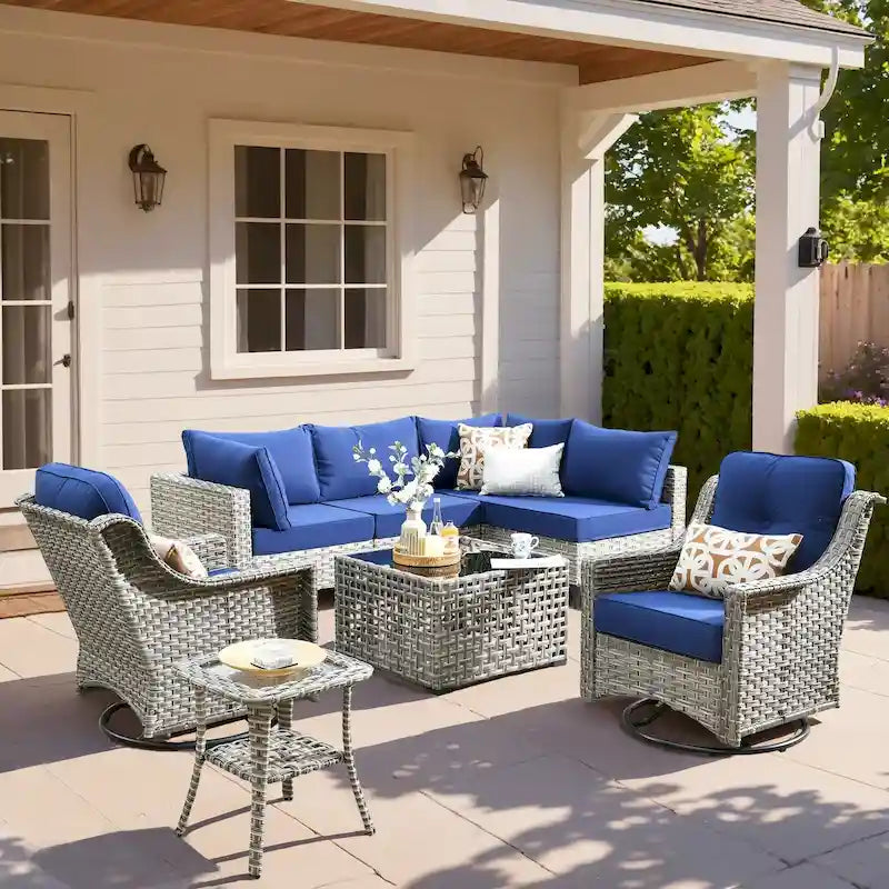 Ensemble de mobilier de jardin extérieur en rotin et osier XIZZI 8 pièces avec chaise pivotante
