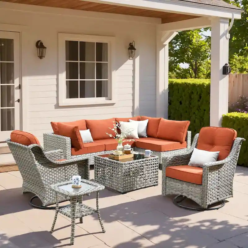 Ensemble de mobilier de jardin extérieur en rotin et osier XIZZI 8 pièces avec chaise pivotante