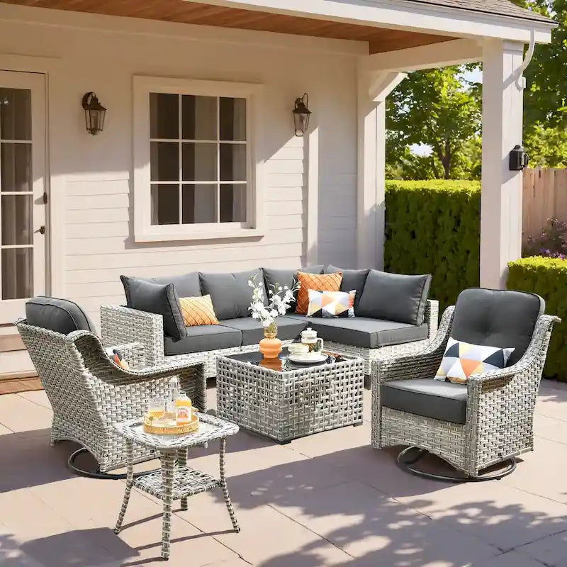 Ensemble de mobilier de jardin extérieur en rotin et osier XIZZI 8 pièces avec chaise pivotante