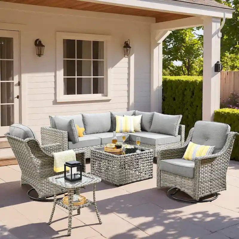 Ensemble de mobilier de jardin extérieur en rotin et osier XIZZI 8 pièces avec chaise pivotante