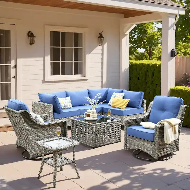 Ensemble de mobilier de jardin extérieur en rotin et osier XIZZI 8 pièces avec chaise pivotante