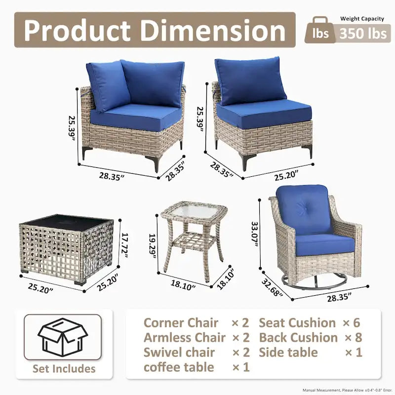 Ensemble de mobilier de jardin extérieur en rotin et osier XIZZI 8 pièces avec chaise pivotante