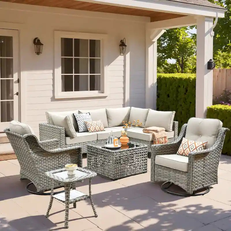 Ensemble de mobilier de jardin extérieur en rotin et osier XIZZI 8 pièces avec chaise pivotante