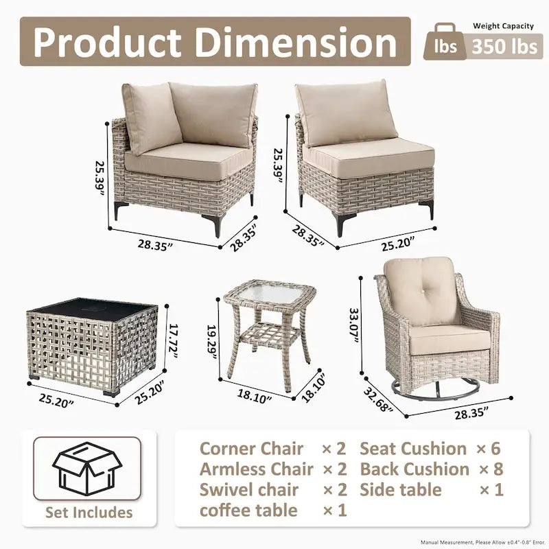 Ensemble de mobilier de jardin extérieur en rotin et osier XIZZI 8 pièces avec chaise pivotante