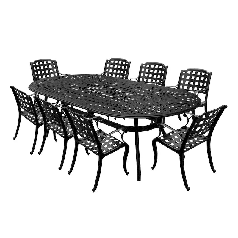 Ensemble de salle à manger d'extérieur moderne en treillis métallique en aluminium, grand ovale de 95 po, avec huit fauteuils - N/A
