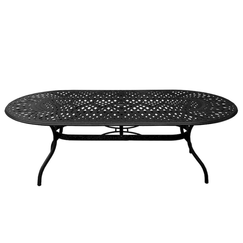 Ensemble de salle à manger d'extérieur moderne en treillis métallique en aluminium, grand ovale de 95 po, avec huit fauteuils - N/A