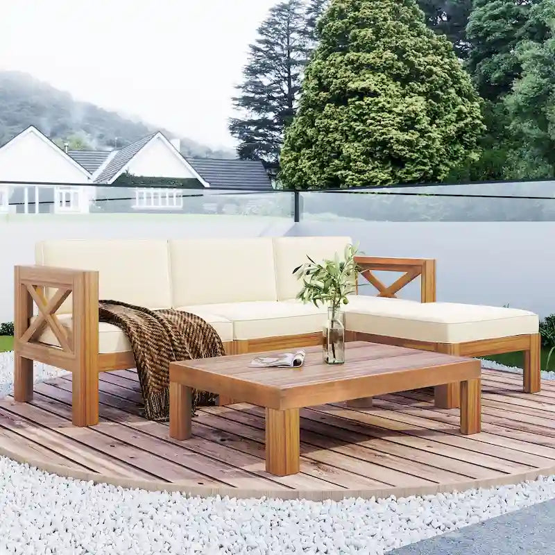 Ensemble de sièges de canapé sectionnel 5 pièces en bois pour terrasse avec coussins