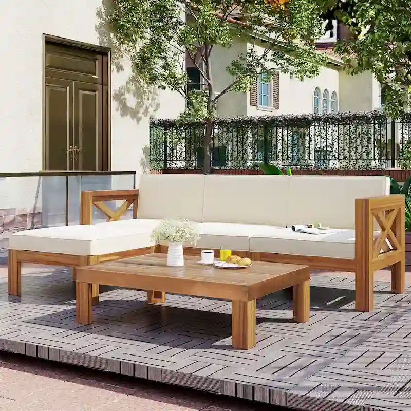 Ensemble de sièges de canapé sectionnel 5 pièces en bois pour terrasse avec coussins