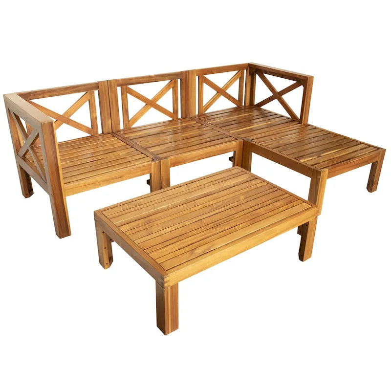 Ensemble de sièges de canapé sectionnel 5 pièces en bois pour terrasse avec coussins