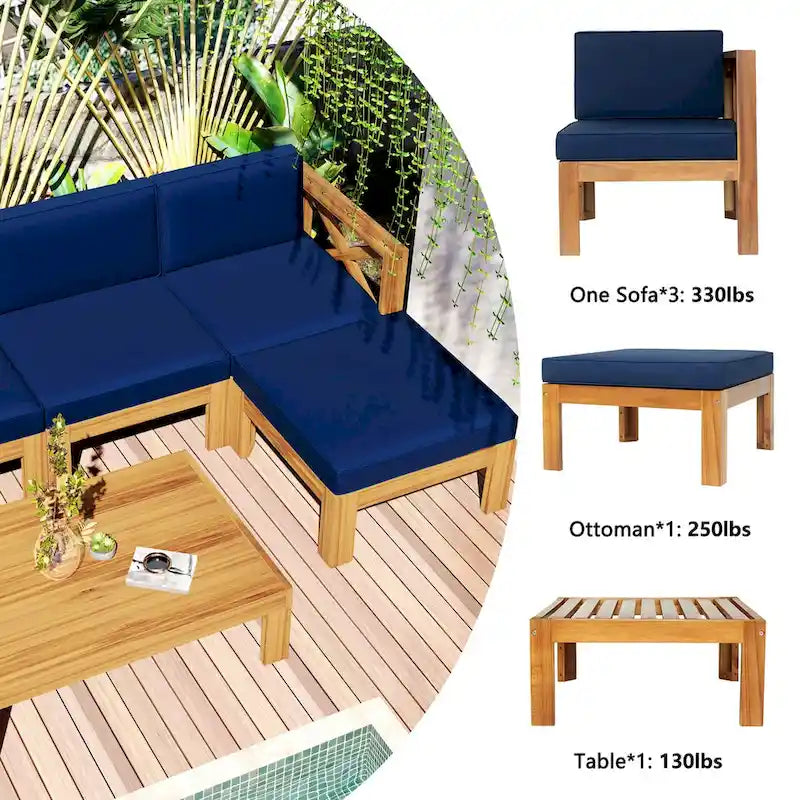 Ensemble de sièges de canapé sectionnel 5 pièces en bois pour terrasse avec coussins