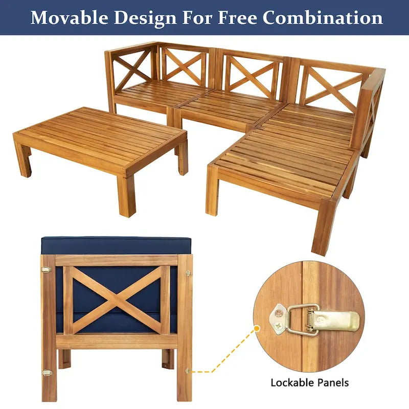 Ensemble de sièges de canapé sectionnel 5 pièces en bois pour terrasse avec coussins