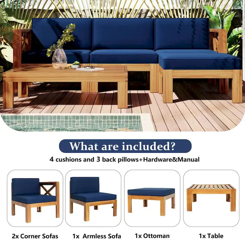 Ensemble de sièges de canapé sectionnel 5 pièces en bois pour terrasse avec coussins
