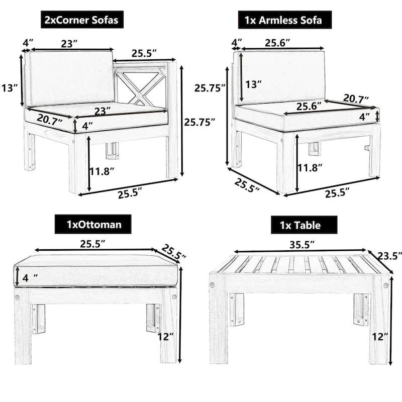 Ensemble de sièges de canapé sectionnel 5 pièces en bois pour terrasse avec coussins