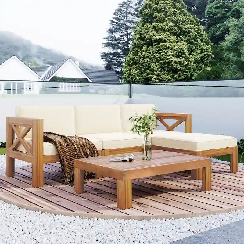 Ensemble de sièges de canapé sectionnel 5 pièces en bois pour terrasse avec coussins