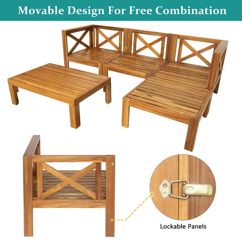 Ensemble de sièges de canapé sectionnel 5 pièces en bois pour terrasse avec coussins