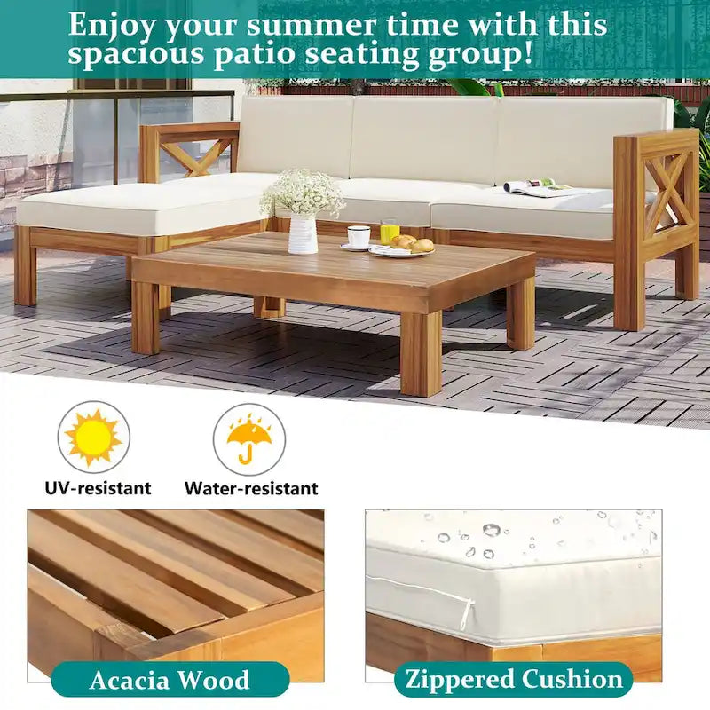 Ensemble de sièges de canapé sectionnel 5 pièces en bois pour terrasse avec coussins