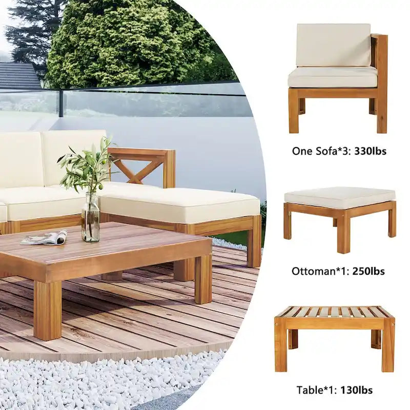 Ensemble de sièges de canapé sectionnel 5 pièces en bois pour terrasse avec coussins